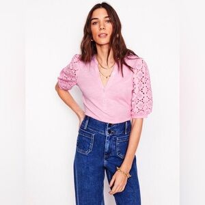 Boden Eden Puff Sleeve Henley Top, Pink